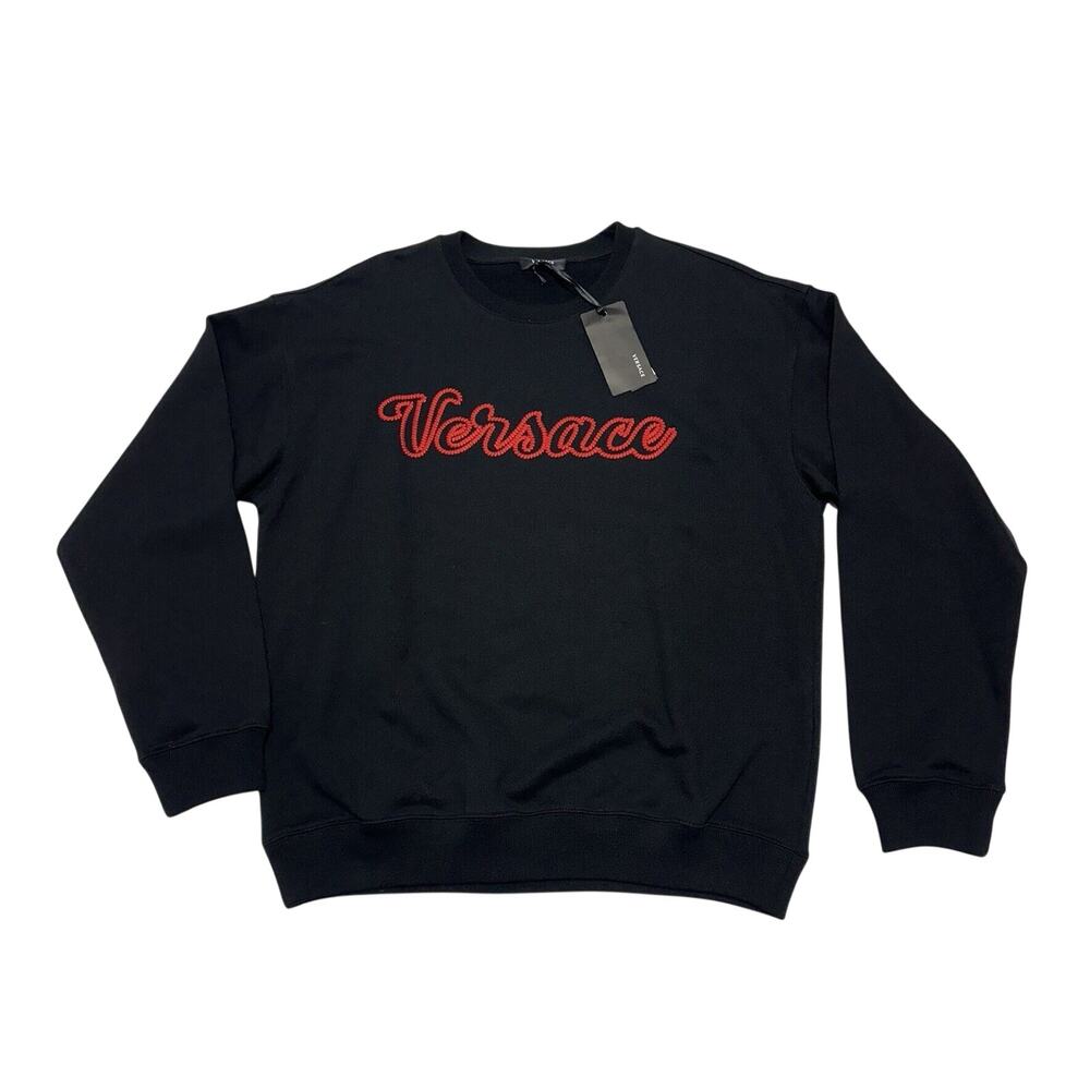 NWT Versace Men Size XL Embroidered Red Logo Black Sweatshirt Sweater $850